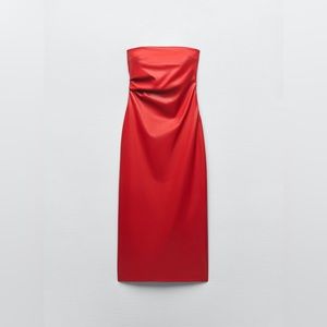 💋💄Zara Faux Leather Red Tube Midi Dress💄💋